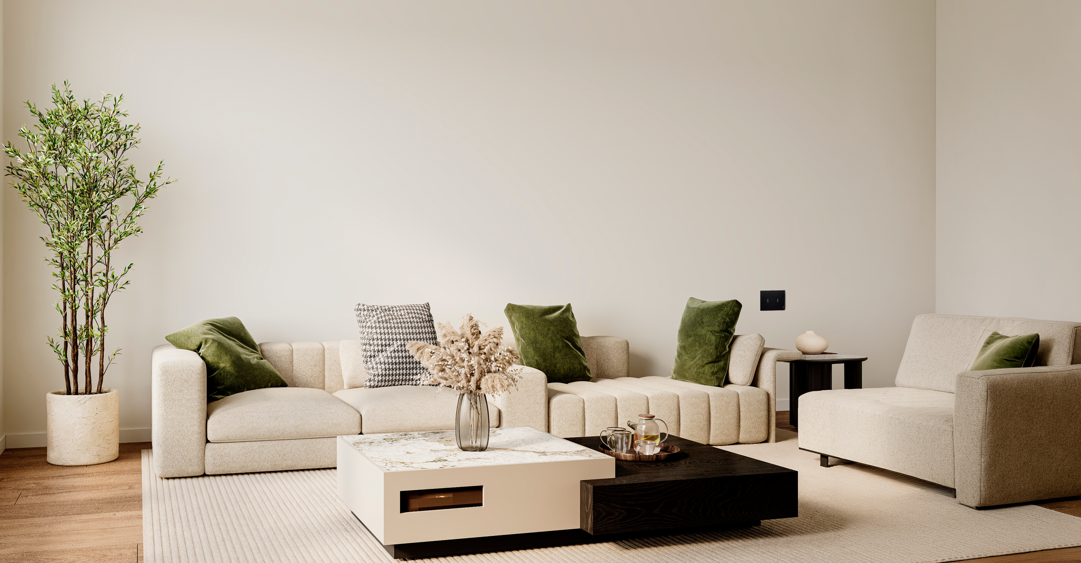 Bright open plan living room scene with olive green cushions